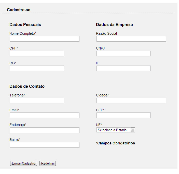 formulario campos obrigatorios filtros